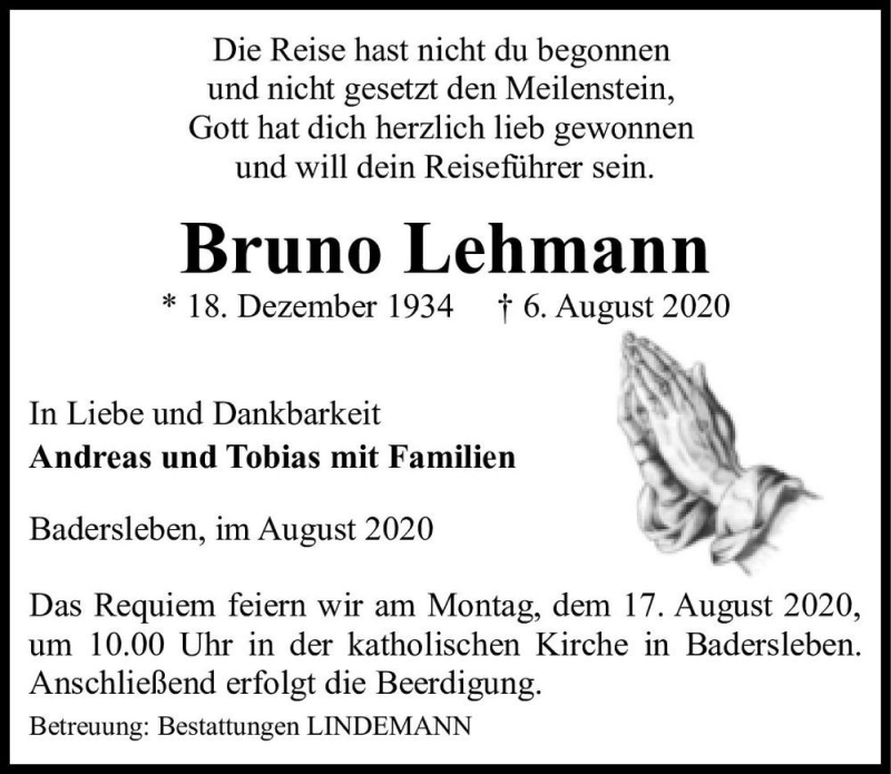  Traueranzeige für Bruno Lehmann  vom 15.08.2020 aus Magdeburger Volksstimme