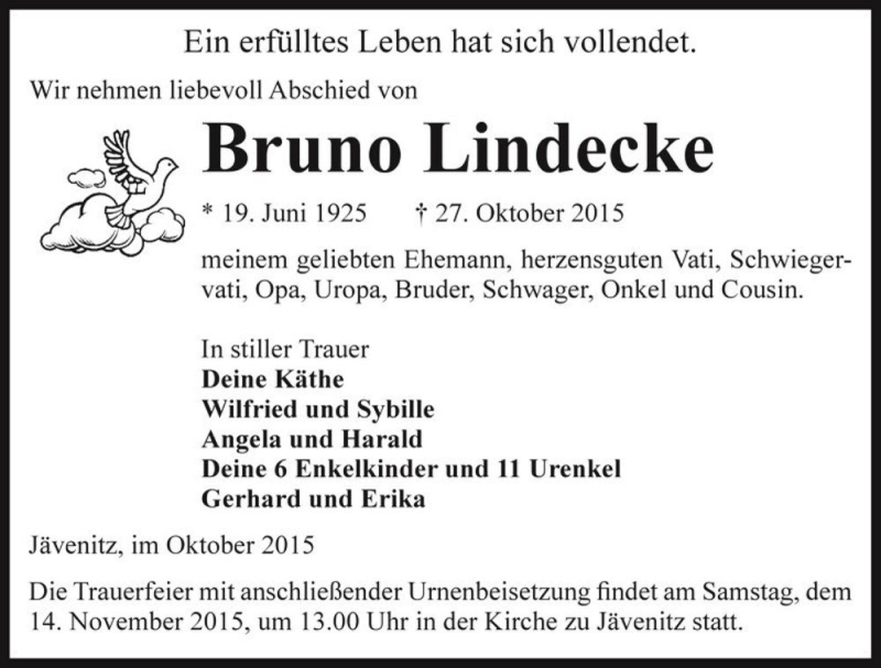  Traueranzeige für Bruno Lindecke  vom 02.11.2015 aus Magdeburger Volksstimme