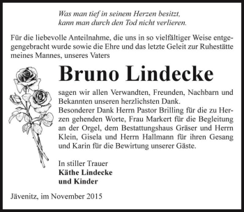 Traueranzeige von Bruno Lindecke  von Magdeburger Volksstimme