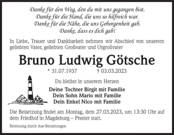 Traueranzeige von Bruno Ludwig Götsche  von Magdeburger Volksstimme