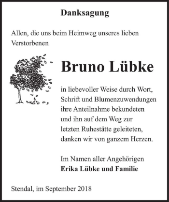 Traueranzeige von Bruno Lübke  von Magdeburger Volksstimme