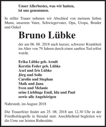 Traueranzeige von Bruno Lübke  von Magdeburger Volksstimme