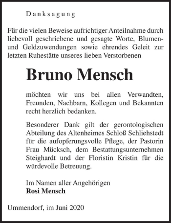 Traueranzeige von Bruno Mensch  von Magdeburger Volksstimme