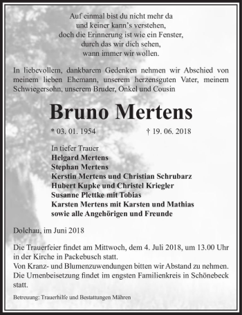 Traueranzeige von Bruno Mertens  von Magdeburger Volksstimme