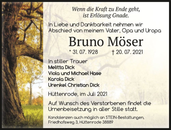 Traueranzeige von Bruno Möser  von Magdeburger Volksstimme