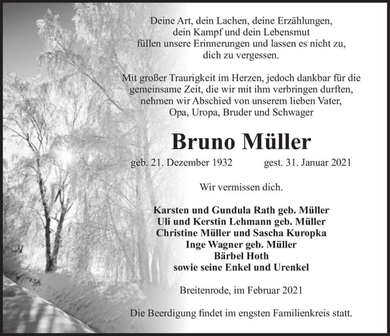  Traueranzeige für Bruno Müller  vom 05.02.2021 aus Magdeburger Volksstimme