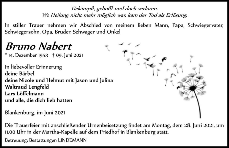  Traueranzeige für Bruno Nabert  vom 19.06.2021 aus Magdeburger Volksstimme