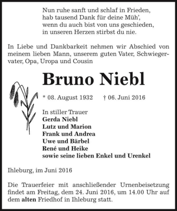 Traueranzeige von Bruno Niebl  von Magdeburger Volksstimme
