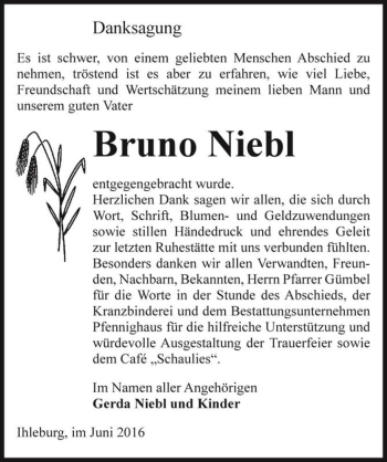 Traueranzeige von Bruno Niebl  von Magdeburger Volksstimme