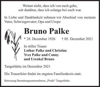 Traueranzeige von Bruno Palke  von Magdeburger Volksstimme