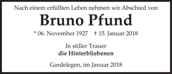 Traueranzeige von Bruno Pfund  von Magdeburger Volksstimme