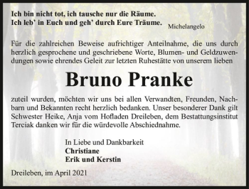 Traueranzeige von Bruno Pranke  von Magdeburger Volksstimme