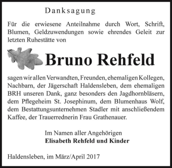 Traueranzeige von Bruno Rehfeld  von Magdeburger Volksstimme