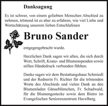Traueranzeige von Bruno Sander  von Magdeburger Volksstimme