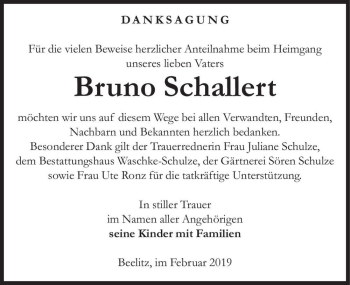 Traueranzeige von Bruno Schallert  von Magdeburger Volksstimme