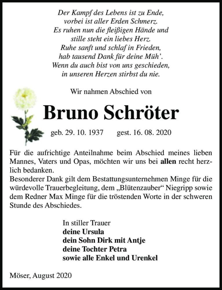  Traueranzeige für Bruno Schröter  vom 29.08.2020 aus Magdeburger Volksstimme