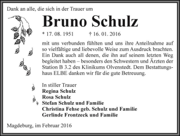 Traueranzeige von Bruno Schulz  von Magdeburger Volksstimme