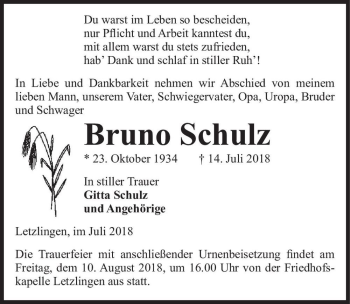 Traueranzeige von Bruno Schulz  von Magdeburger Volksstimme