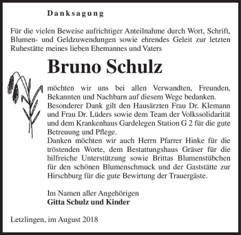 Traueranzeige von Bruno Schulz  von Magdeburger Volksstimme