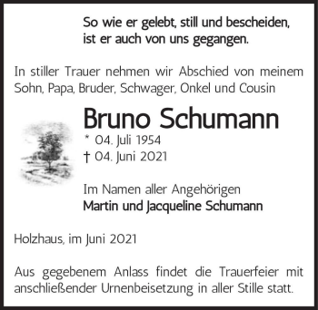 Traueranzeige von Bruno Schumann  von Magdeburger Volksstimme