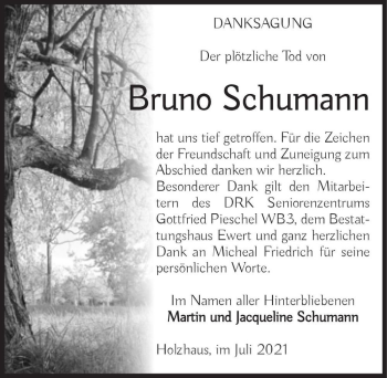 Traueranzeige von Bruno Schumann  von Magdeburger Volksstimme