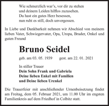 Traueranzeige von Bruno Seidel  von Magdeburger Volksstimme