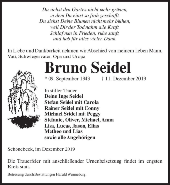 Traueranzeige von Bruno Seidel  von Magdeburger Volksstimme