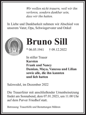 Traueranzeige von Bruno Sill  von Magdeburger Volksstimme