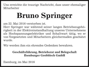 Traueranzeige von Bruno Springer  von Magdeburger Volksstimme