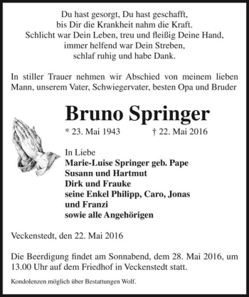 Traueranzeige von Bruno Springer  von Magdeburger Volksstimme