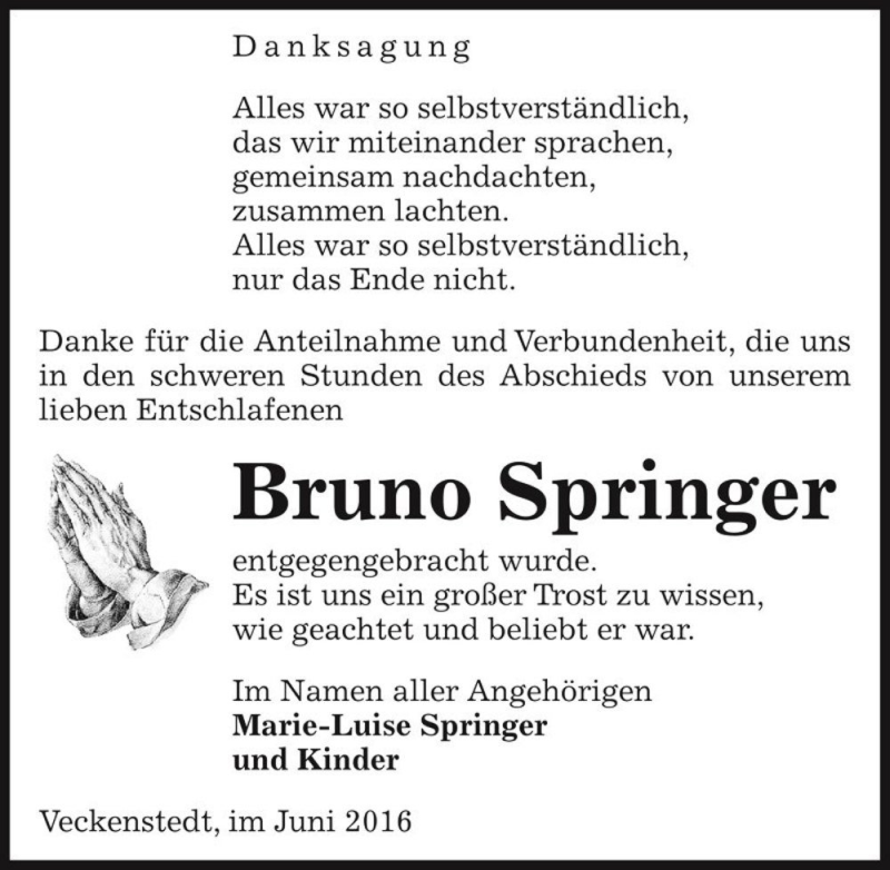  Traueranzeige für Bruno Springer  vom 07.06.2016 aus Magdeburger Volksstimme