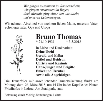 Traueranzeige von Bruno Thomas  von Magdeburger Volksstimme