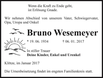 Traueranzeige von Bruno Wesemeyer  von Magdeburger Volksstimme