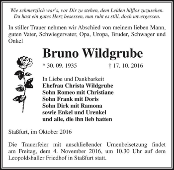 Traueranzeige von Bruno Wildgrube  von Magdeburger Volksstimme