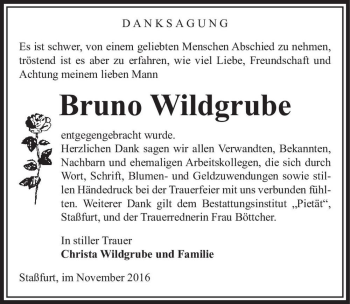 Traueranzeige von Bruno Wildgrube  von Magdeburger Volksstimme