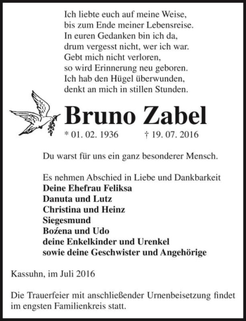 Traueranzeige von Bruno Zabel  von Magdeburger Volksstimme