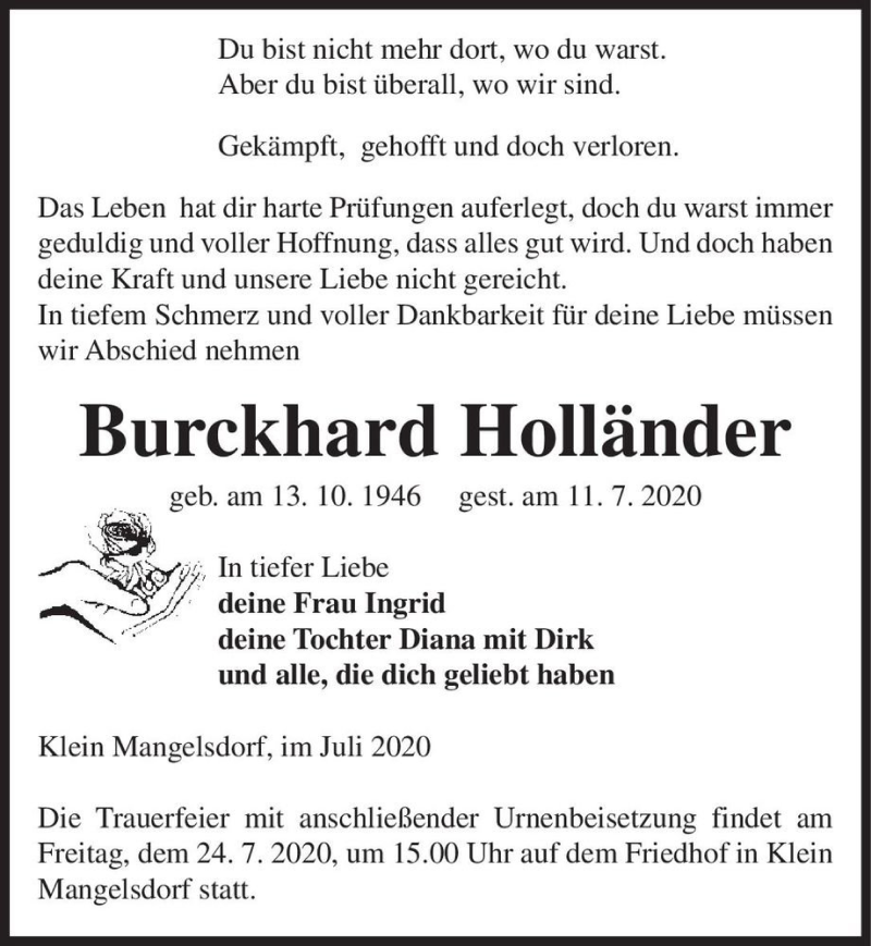  Traueranzeige für Burckhard Holländer  vom 18.07.2020 aus Magdeburger Volksstimme