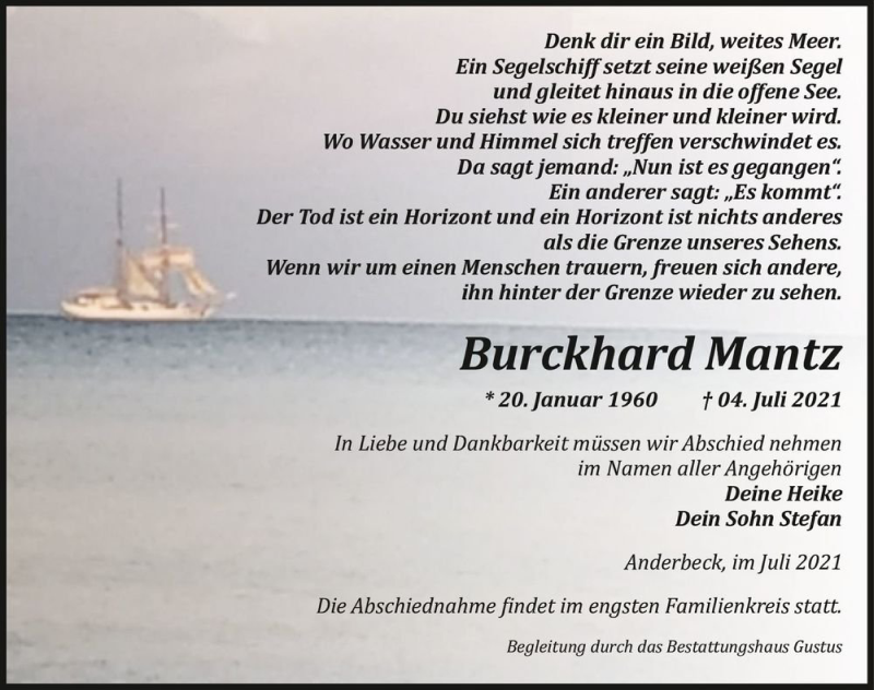  Traueranzeige für Burckhard Mantz  vom 10.07.2021 aus Magdeburger Volksstimme