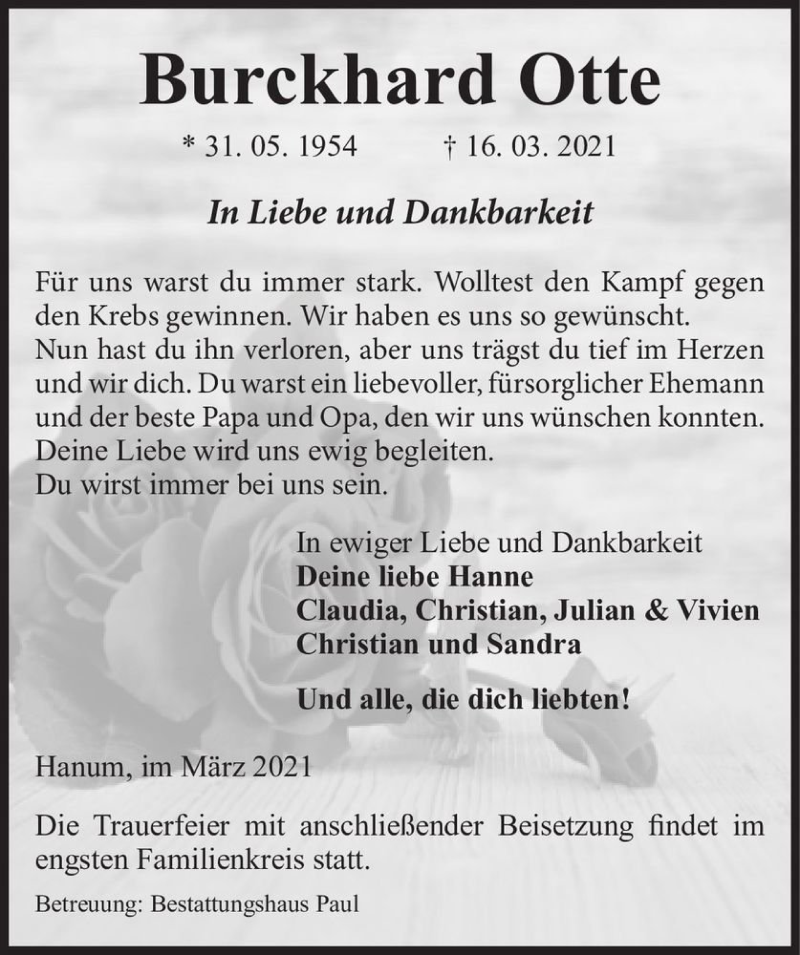  Traueranzeige für Burckhard Otte  vom 18.03.2021 aus Magdeburger Volksstimme