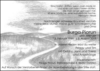 Traueranzeige von Burga Piorun (geb. Menger)  von Magdeburger Volksstimme