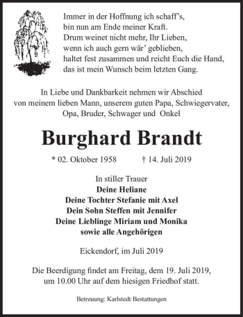 Traueranzeige von Burghard Brandt  von Magdeburger Volksstimme