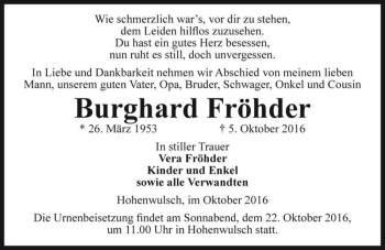 Traueranzeige von Burghard Fröhder  von Magdeburger Volksstimme