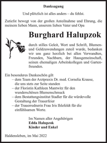 Traueranzeige von Burghard Halupzok  von Magdeburger Volksstimme