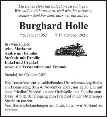 Traueranzeige von Burghard Holle  von Magdeburger Volksstimme