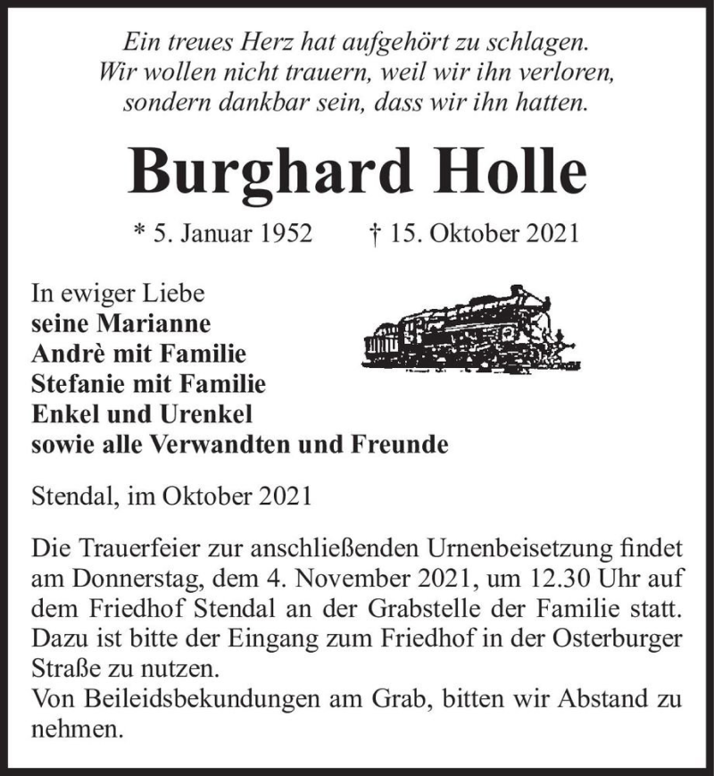  Traueranzeige für Burghard Holle  vom 29.10.2021 aus Magdeburger Volksstimme