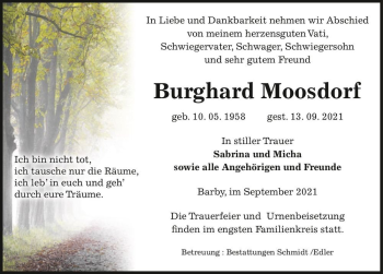 Traueranzeige von Burghard Moosdorf  von Magdeburger Volksstimme