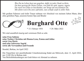 Traueranzeige von Burghard Otte  von Magdeburger Volksstimme
