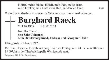 Traueranzeige von Burghard Raeck  von Magdeburger Volksstimme