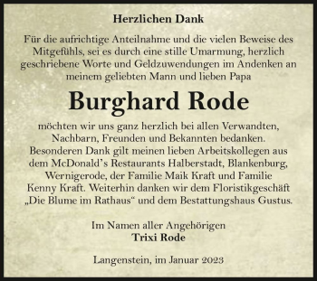 Traueranzeige von Burghard Rode  von Magdeburger Volksstimme