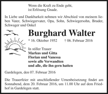 Traueranzeige von Burghard Walter  von Magdeburger Volksstimme